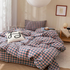 Plaid Duvet Cover Set Queen Purple - Soft Washed Cotton Modern Geometric Bedding