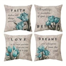 4Pcs Faith Believe Love Dreams Pillow Covers Inspirational Floral Cushion Case