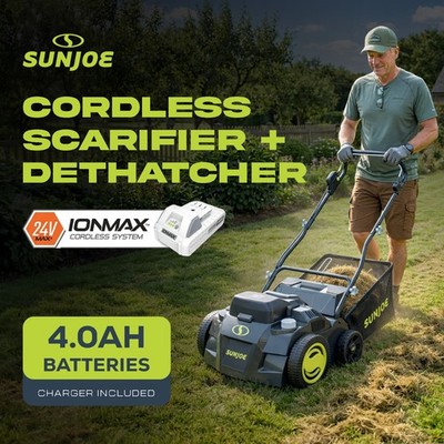 Sun Joe Cordless Scarifier/Dethatcher, Brushless Motor, Batteries, 24V-X2-DTS15