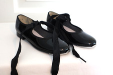 Barbettes Girls Glossy Black Tap Shoes Size 10M Ribbon Ties 3617 EUC