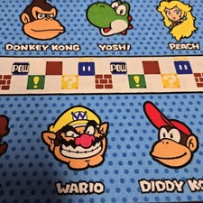 Nintendo Super Mario Fabric 46x42 Wario Yoshi Luigi Peach Cotton Remnant Cut Out