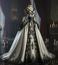 Vintage Black White Wedding Dress V-Neck Long Sleeves Lace Applique Bridal Gowns