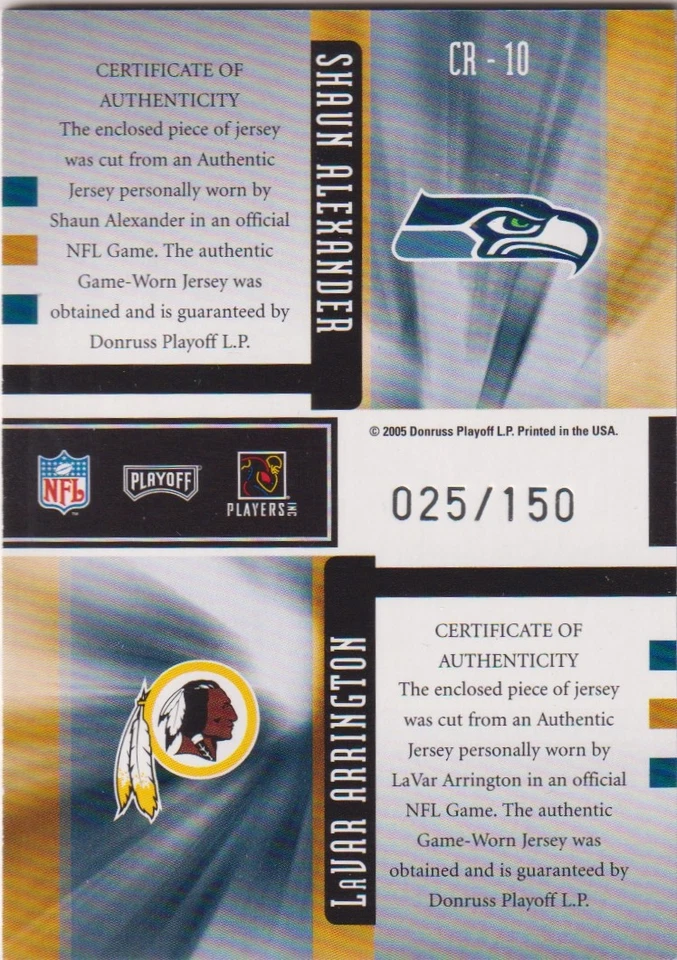 2005 Honors Shaun Alexander / LaVar Arrington Seahawks / Redskins Jersey /150 - Image 2 of 2