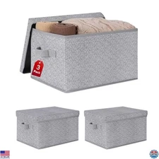 WUIKE 3-Pack Large Foldable Storage Bins with Lids - Stylish Ash Gray Organizers