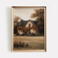 Fall Cottage Art Print, Autumn Farmhouse PRINTABLE Wall Art, Cozy Rustic Fall