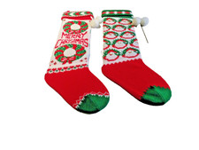 Lot of 2 Vintage Christmas Knit Stockings 21"Weath and Santas