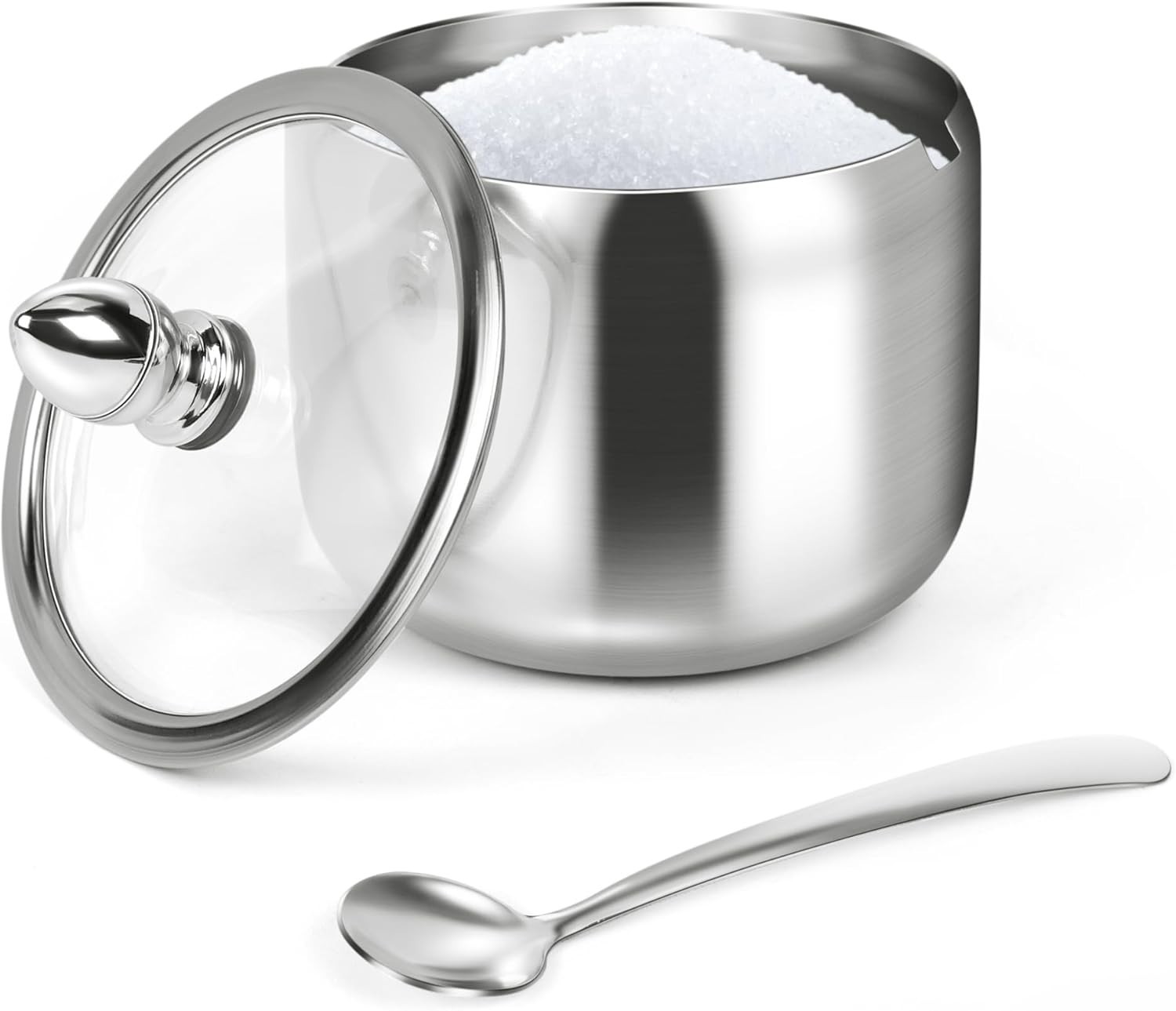 Glass Sugar Bowl w Lid & Spoon 10oz | Coffee Bar Storage | Gold or Silver