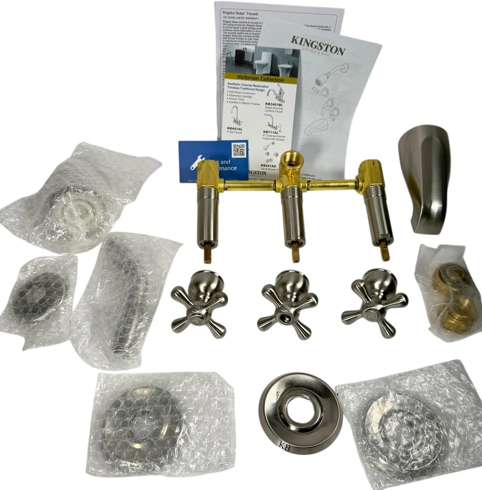 Grifo para bañera y ducha Kingston de latón KB235AX con mango de 3 cruces de níquel cepillado Foto 2 de 4