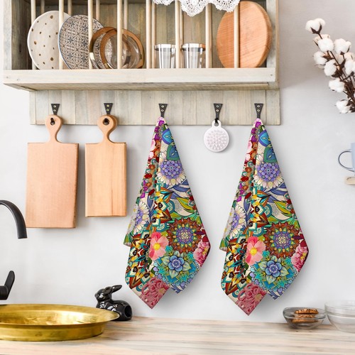 Boho Floral Kitchen Towels Decorative Set of 2, Colorful Flowers Dish Towels ... - Picture 3 of 6