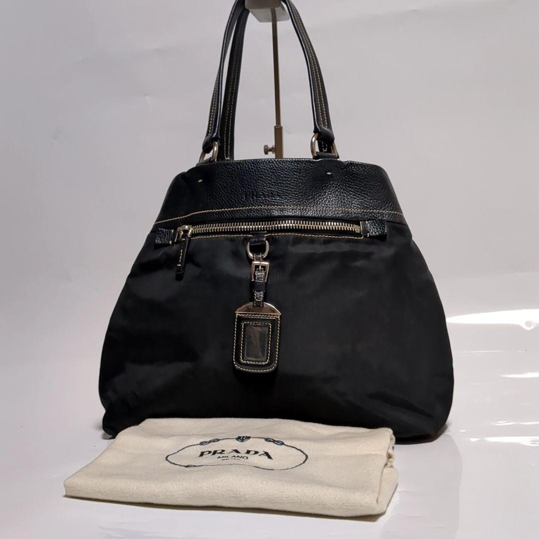 Prada Black Nylon Leather Tote Bag with Logo Name Tag for Women