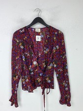 Urban Outfitters Red Floral Wrap Blouse V-Neck Long Sleeve Ruffle Cuff S NEW