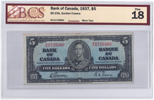 BCS Graded F 18 1937 Canada 5 Dollars Banknote