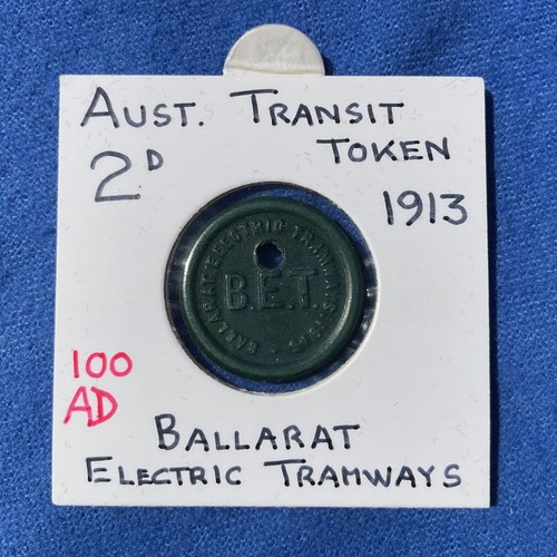 1913 BALLARAT ELECTRIC TRAMWAYS 2D 100AD Bakelite travel Pass token 18mm