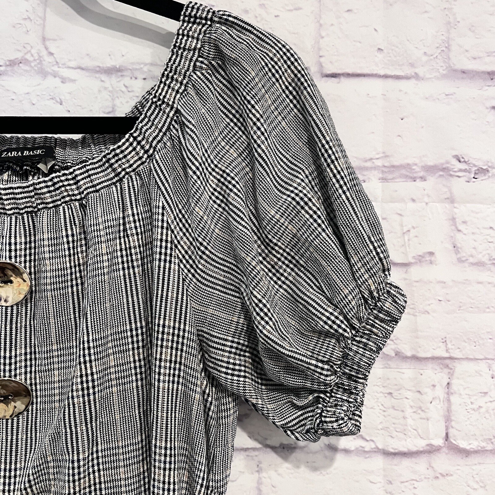 Zara Basic Size Small Plaid Off The Shoulder Puff… - image 3