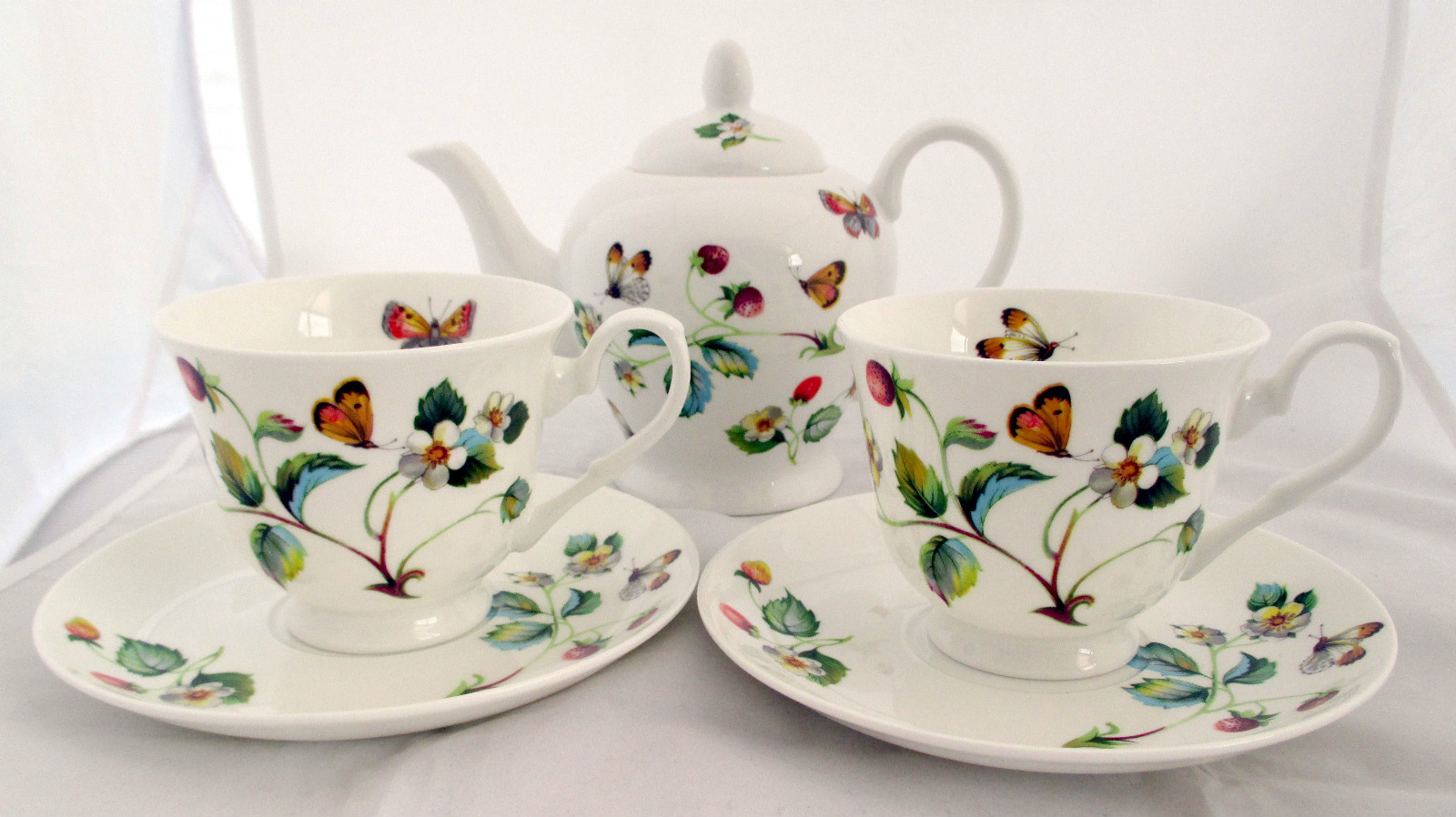 Strawberries & Butterflies Tea Set for Two Bone China Teapot 2 Cups Saucers Set