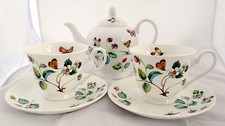 Strawberries & Butterflies Tea Set for Two Bone China Teapot 2 Cups Saucers Set