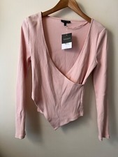 Topshop Top Size 12 New Pink Wrap Long Sleeve Stretch Casual Ribbed