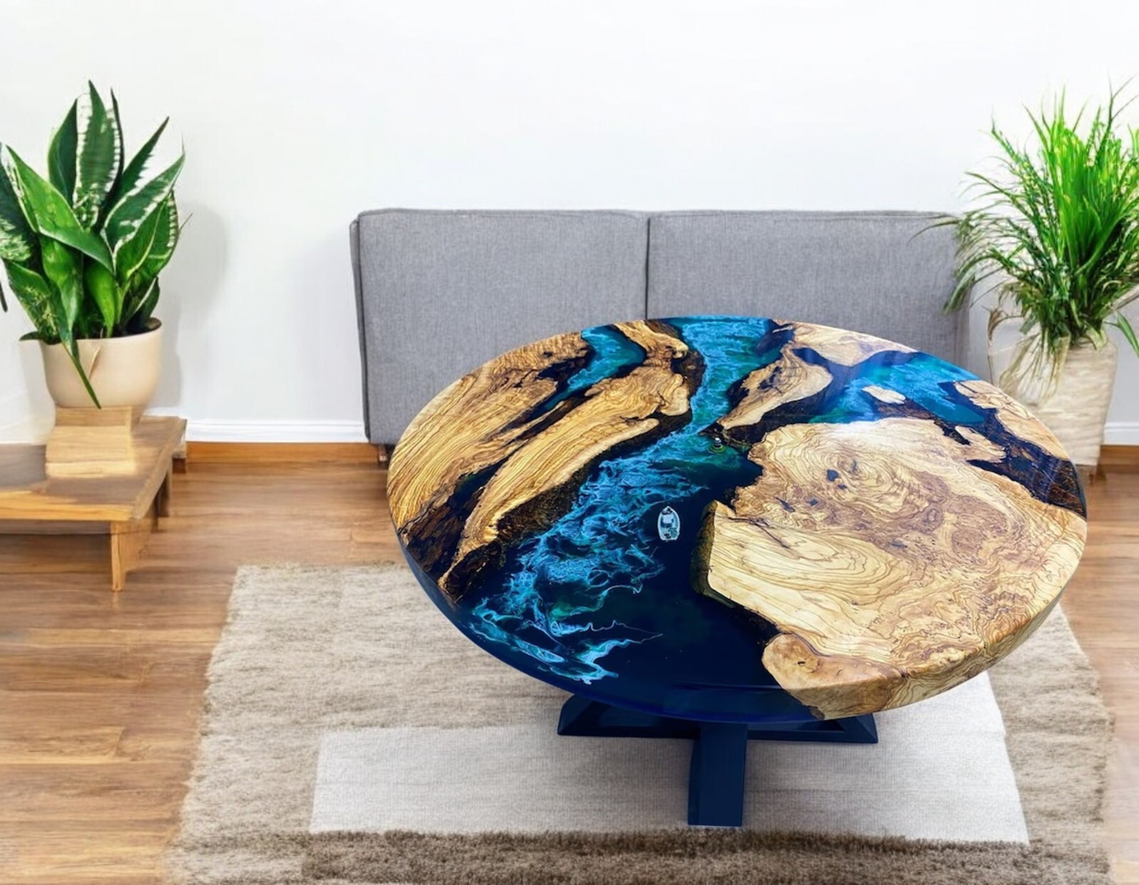 30 Inch Blue Epoxy Resin Coffee Table with Live Edge Acacia Wood Handmade Furniture Decor