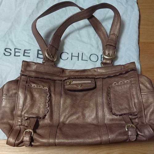 SEE BY CHLOE Handbag Tote Logo Leather Brown women's USED FROM JAPAN - Picture 2 of 8