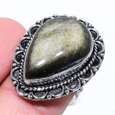 Golden Sheen Obsidian Gemstone 925 Sterling Silver Jewelry Ring Size 9 US