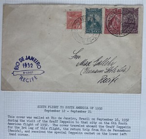 1932 Rio De Janeiro Brazil Graf Zeppelin LZ 127 Flight Airmail cover To Recife