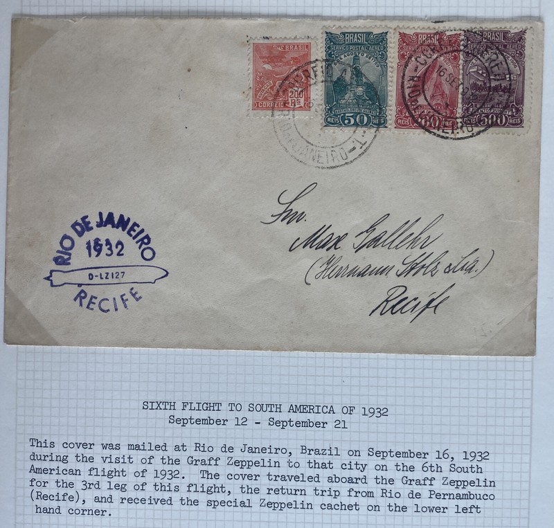 1932 Rio De Janeiro Brazil Graf Zeppelin LZ 127 Flight Airmail cover To Recife