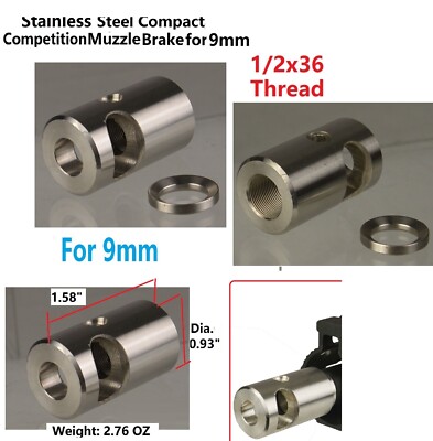 Stainless Steel Compact Low Concussion 1/2x36 TPI Muzzle Brake 9mm  Crush Washer