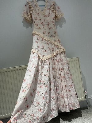 women needle&thread pink floral print lace Ruffled Trim Cotton Maxi Dress S 