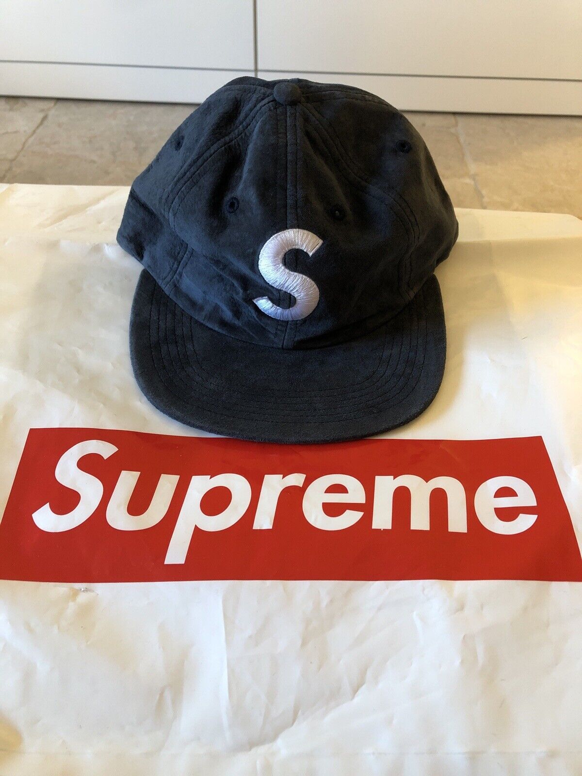 Supreme FW16 Suede S Logo 6 Panel Cap Navy Brand New Box Logo