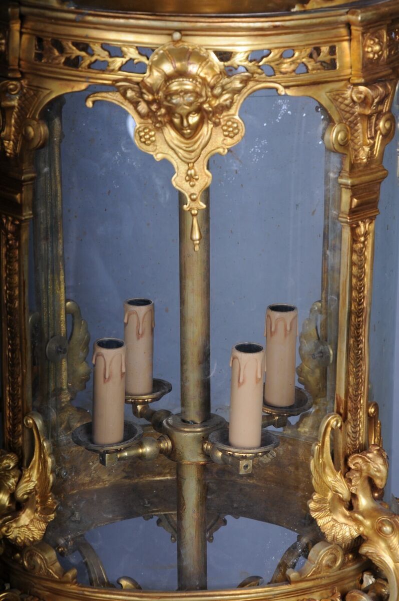 French Fire Bronze Brass Lantern/Chandelier Louis XVI Form French Fire Bronze Brass Lantern/Chandelier Louis XVI Form