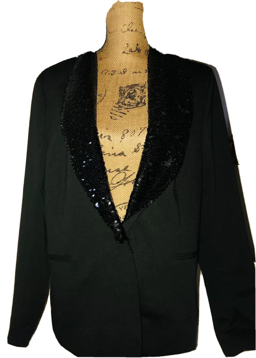 NWT Adrianna Papell Blk Sequins Lapel 