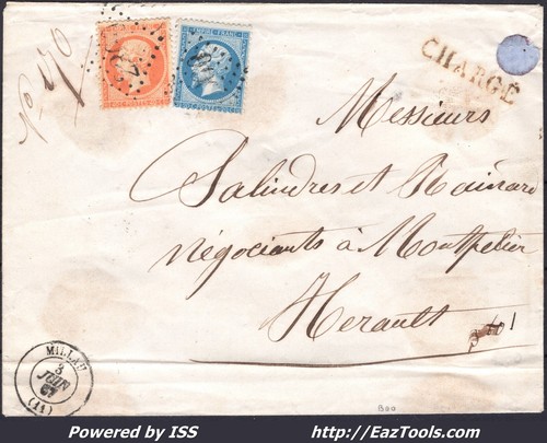 FRANCE N°22 + 23 SUR LETTRE CHARGÉE GC 2360 MILLAU AVEYRON + CAD DU 03/06/1867 - Picture 1 of 2