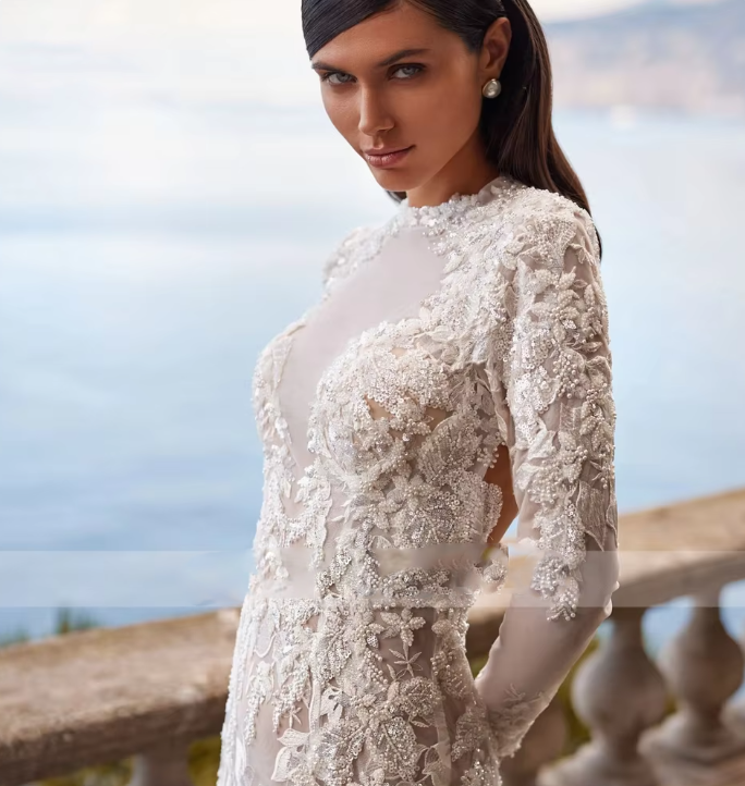 Elegant O Neck Long Sleeve Lace Mermaid Wedding Dresses Luxury Backless  Applique | eBay