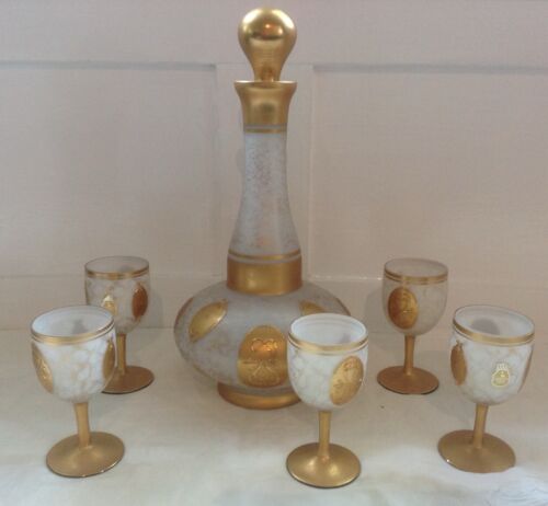 Czechoslovakian Hand Blown Crystal 5 Satin Glass & Decanter Gold Trim & Accents - Picture 11 of 13