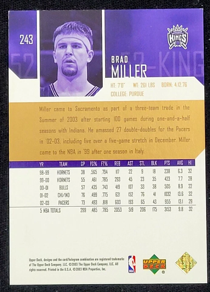 2003-04 UPPER DECK BRAD MILLER UD 排除 #D 66/100 — 第 2/2 张图片