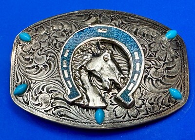 Western Cowgirl Belt Buckle Horseshoe Shaped Silver Tone Turquoise Chips Inlay Horse Head WIth Turquoise Chip Inlay Horseshoe Western Belt  main image 3