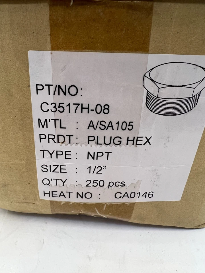 Box of 250 Carbon Steel Hex Head Threaded Plug 1/2" NPT C3517H-08 A/SA105 - Image 2 of 4