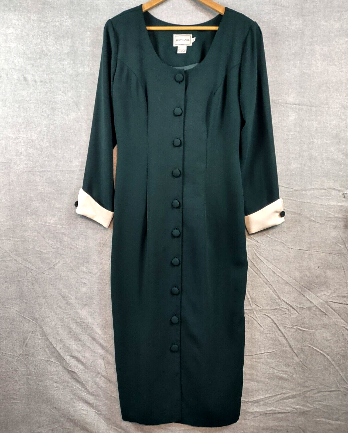 Vintage Misty Lane Dress Womens 8 Green Elegant Maxi Button Front Lace Up Back