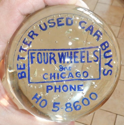 Vintage Paperweight Four Wheels Inc Chicago Better Used Car Buys HO 5-8600