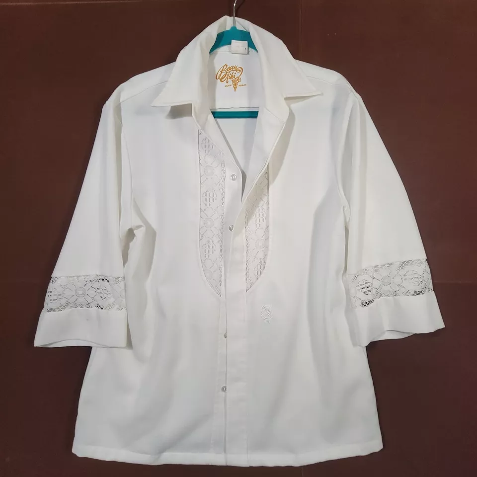 Camisa de Boda Hawaiana Vintage Iolani Beau Tiki Blanca 100% Poliéster Encaje Talla L Foto 2 de 4