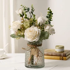 Fake Flowers with Vase, Silk Roses Artificial Flowers in Vase, Faux Flower Plant