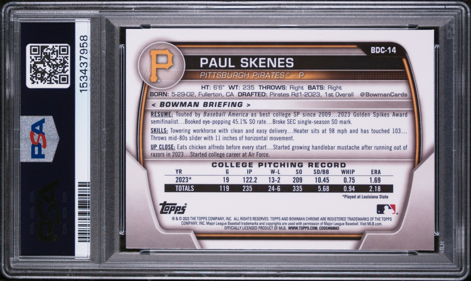 PAUL SKENES 2023 BOWMAN CHROME SKY BLU REFRACTOR RC #BDC14 PSA 9 MINT!#153437958 view 2