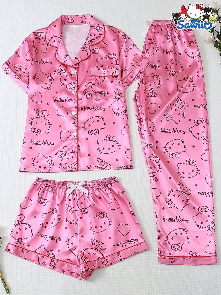 Hello Kitty 3pc Pink Satin Pajama Set - Long Pants, Shorts & Button Top