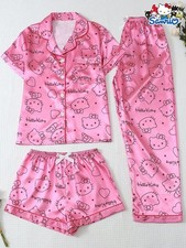 Hello Kitty 3pc Pink Satin Pajama Set - Long Pants, Shorts Button Top