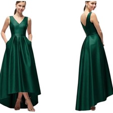 NWT Alfred Sung High-Low Gown sleeveless vneck satin twill dress Hunter Green 14