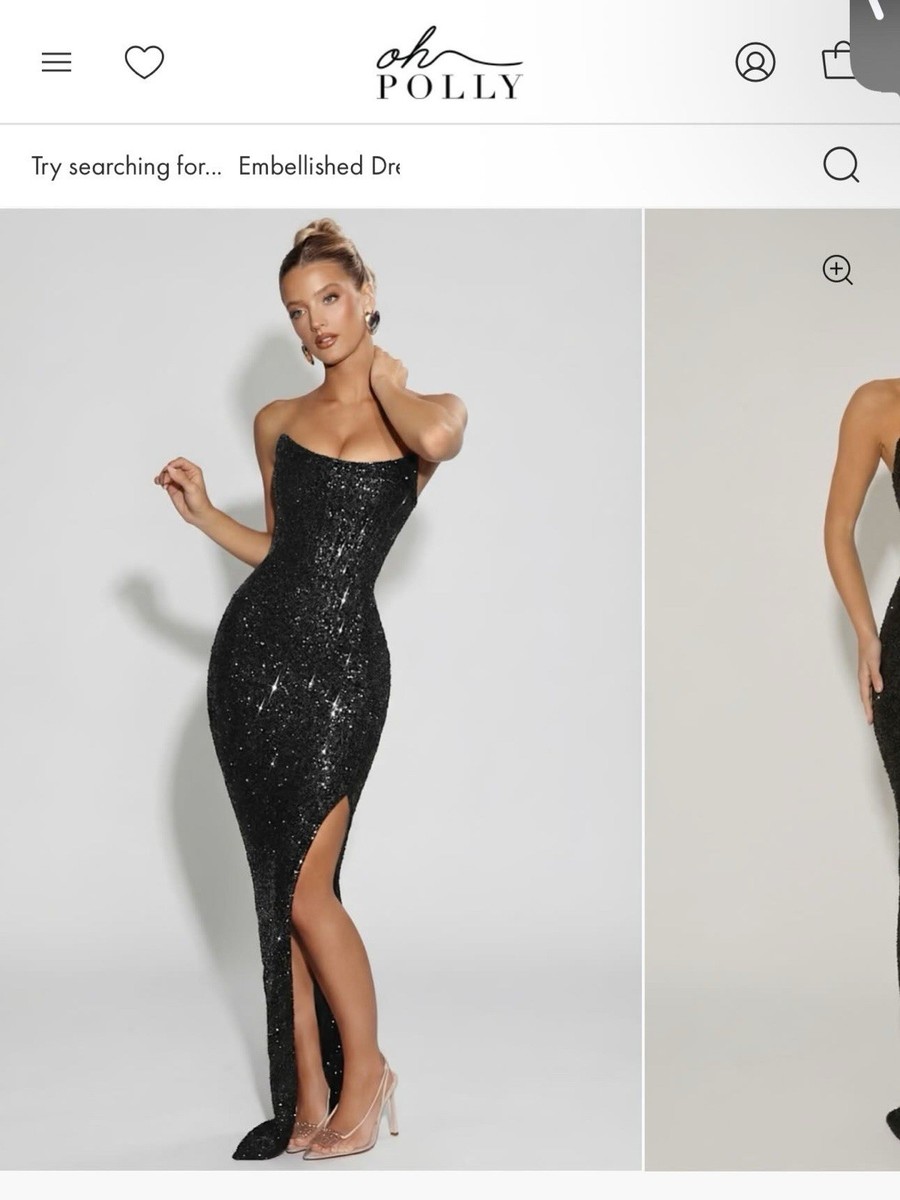 Oh Polly Sequin Embellished Strapless Corset Gown Long Black Side Slit