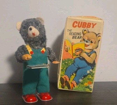 Vintage 1960s CUBBY THE READING BEAR Mechanical Wind Up Tin Litho Toy Japan 