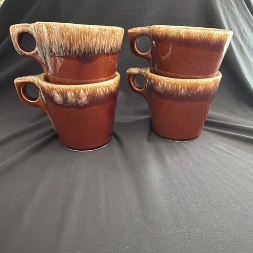 Lot of 4 Vintage Hull Brown Drip Glaze O Handle Coffee Mug Cup Oven Proof USA