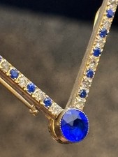 Vintage A.L.L. Spilla da bar articolata strass blu e trasparenti tono oro Adj