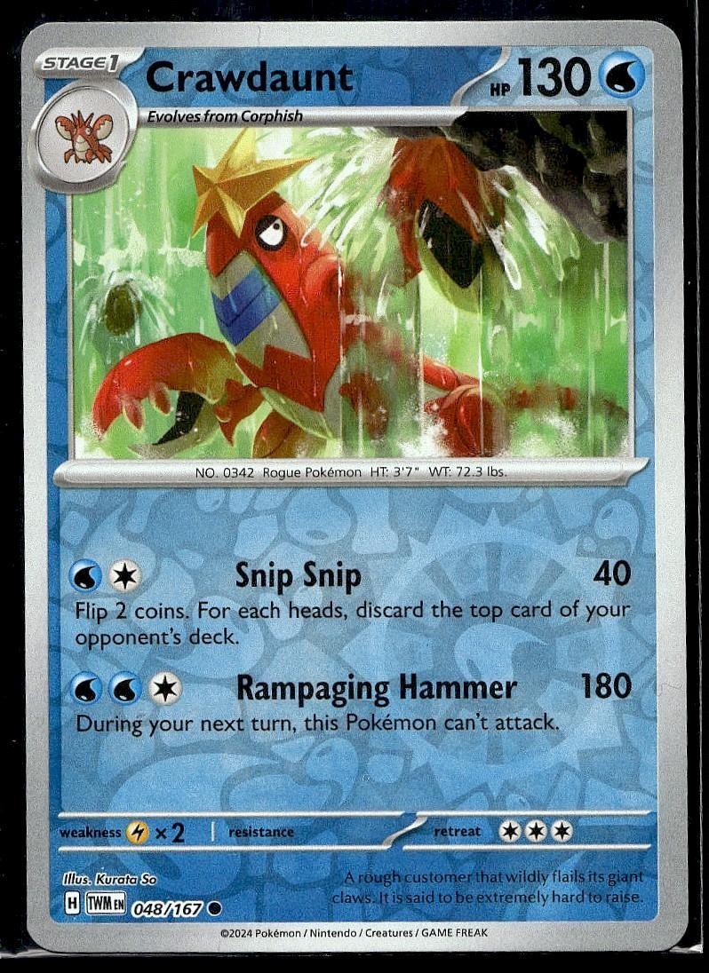 Crawdaunt 048/167 Common Twilight Masquerade Pokemon Reverse Holo Lightly Played